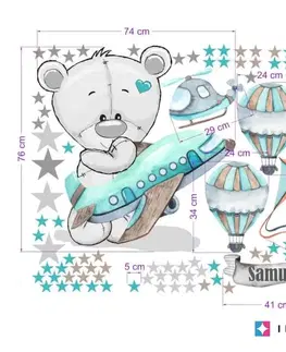 Samolepky na zeď Samolepky na zeď pro kluky - Medvídek s letadlem a balóny