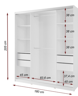 Šatní skříně Šatní skříň NEJBY BARNABA 180 cm s posuvnými dveřmi, zrcadlem, 4 šuplíky a 2 šatními tyčemi, bílá