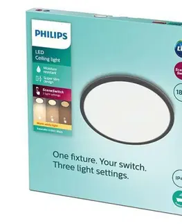 LED stropní svítidla LED Koupelnové stropní svítidlo Philips Superslim CL550 8719514327283 18W 1500lm 2700K IP44 30cm černé, 3-krokové stmívání