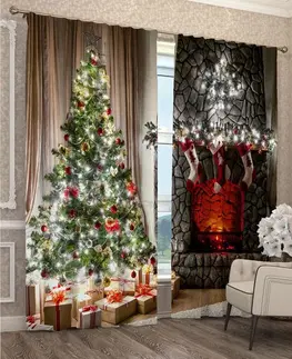 Vánoční závěsy Závěsy s 3D motivem vánočního stromku a krbu
