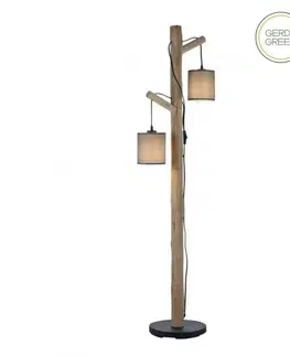Dřevěné stojací lampy PAUL NEUHAUS LEUCHTEN DIREKT stojací svítidlo přírodní dřevo 2 ramenné látkové stínidlo venkovský design do interiéru LD 15785-29