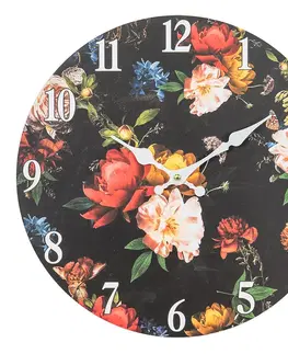 Hodiny Černé nástěnné vintage hodiny s květy – Ø 34*4 cm / 1*AA Clayre & Eef 6KL0760