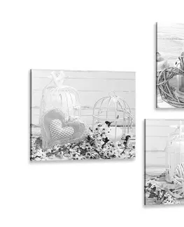 Sestavy obrazů Set obrazov čiernobiele lucerničky s kyticou