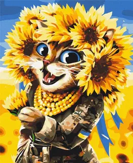 Zvířata Malování podle čísel odvážná kočka se slunečnicemi