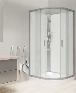Sprchové vaničky MEREO Sprchový box, čtvrtkruh, 90cm, satin ALU, sklo Point, zadní stěny bílé, SMC vanička, se stříškou CK35122KBSW