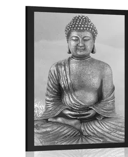 Feng Shui Plakát socha Buddhy v meditující poloze v černobílém provedení