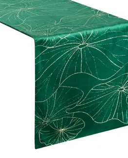 Dekorační ubrusy Sametový středový ubrus v zelené barvě s květinovým potiskem