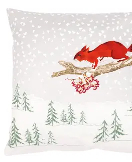 Polštáře Polštář s výplní, samet. Vánoční motiv, zasněžená krajina s veverkou. 45x45 cm.