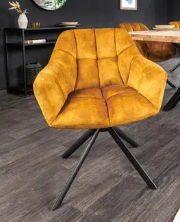Luxusní jídelní židle Estila Dizajnová otočná jedálenská stolička Mariposa s horčicovožltým čalúnením a čiernymi nohami z kovu 83cm