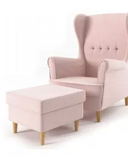 Židle Pohodlné růžové křeslo s taburetkou