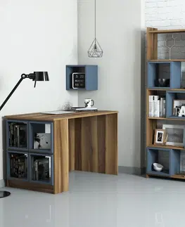 Psací stoly Kalune Design Psací stůl s knihovnou a policí Boxe ořech/modrý