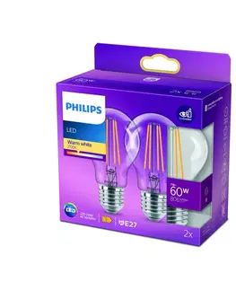 LED žárovky Philips Žárovka Philips LED E27 7W 2 700K s čirým vláknem, sada 2 kusů