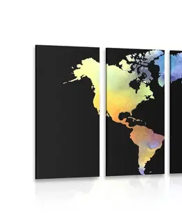Obrazy mapy 5-dílný obraz mapa světa v akvarelový provedení na černém pozadí