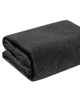 Jednobarevné přehozy na postel Černý přehoz z jemného sametu s potiskem listů gingko