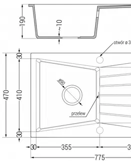 Sifony k pračkám MEXEN/S Cesar granitový dřez 1-miska s odkapávačem 775 x 470 mm, černý, černý sifon 6514771010-77-B