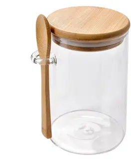 Dózy na potraviny Skleněná úložná nádoba s dřevěným víčkem a lžičkou - 11*9*14 cm Clayre & Eef 6GL4421