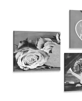 Sestavy obrazů Set obrazů černobílé květiny s nápisem Home