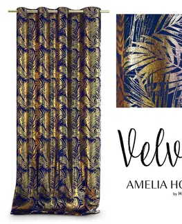 Záclony Závěs AmeliaHome Velvet Golden Leaves tmavě modrý, velikost 140x245
