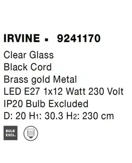 Industriální závěsná svítidla NOVA LUCE závěsné svítidlo IRVINE čiré sklo černý kabel mosazný zlatý kov E27 1x12W 230V IP20 bez žárovky 9241170