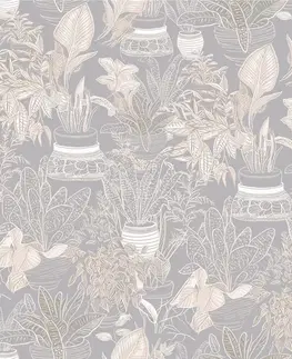 Tapety listy Tapeta botanický motiv v šedo-béžovém odstínu