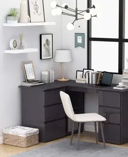 Kancelářské skříně Rohový psací stůl se šuplíky 145x100 cm Dekorhome Černá lesk