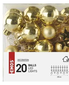 LED osvětlení na baterie EMOS LED vánoční girlanda – zlaté koule s hvězdami, 1,9 m, 2x AA, vnitřní, teplá bílá, časovač DCGW11