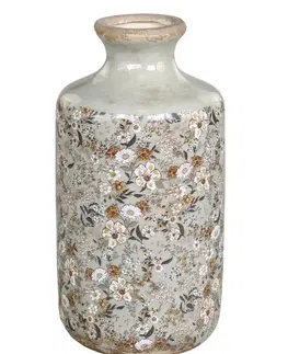 Dekorativní vázy Zelená keramická dekorační váza s kvítky Florals Evry - Ø 10*21cm Chic Antique 65081221