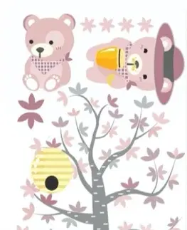 Zvířátka Krásná dětská nálepka na zeď růžové medvídci a včelky