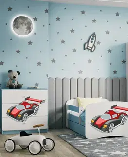 Dětské postýlky Kocot kids Dětská postel Babydreams závodní auto modrá, varianta 70x140, bez šuplíků, s matrací
