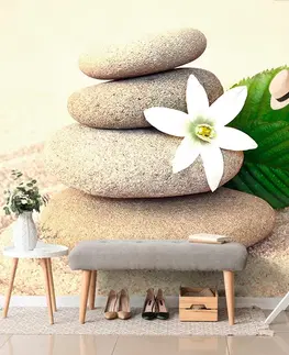 Samolepící tapety Samolepící fototapeta bílý květ a kameny v písku