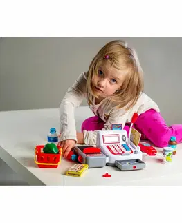 Dřevěné hračky Teddies Pokladna digitální 30 cm s doplňky, se zvukem a světlem, na baterie