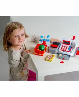 Dřevěné hračky Teddies Pokladna digitální 30 cm s doplňky, se zvukem a světlem, na baterie