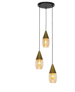 Zavesna svitidla Moderní závěsná lampa zlatá s jantarovým sklem 3-light - Drop