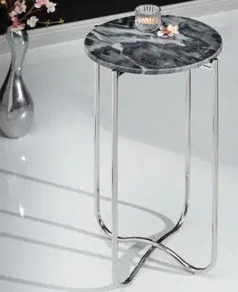 Luxusní a designové příruční stolky Estila Art-deco stříbrný kulatý příruční stolek Noble s mramorovou povrchovou deskou a kovovou konstrukcí 35cm
