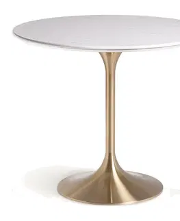 Designové a luxusní jídelní stoly Estila Luxusní art deco kulatý jídelní stůl Rebecca s bílou mramorovou deskou a nohou ve zlaté barvě 90 cm