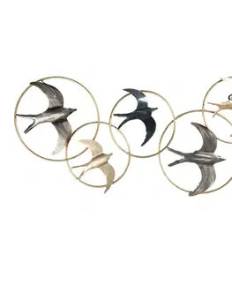 Obrazy Kovová nástěnná dekorace s ptáky ve zlatých kruzích - 84*3*42 cm Clayre & Eef 5Y0786