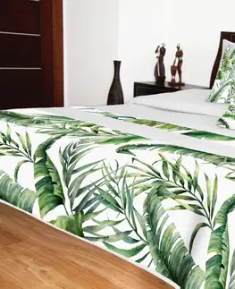 Přehozy na postel 3D s barevným potiskem Bílý přehoz na postel se zelenými listy