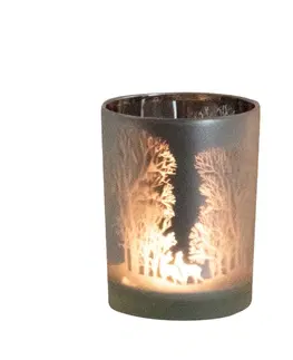 Svícny Skleněný svícen s motivem lesa a jelenů M - 10*10*12,5cm Mars & More XMWLBSM