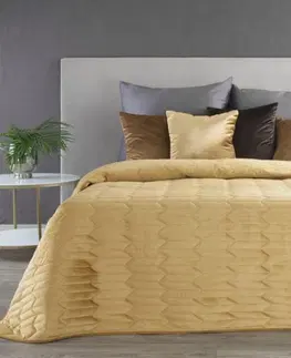 Francouzské přehozy na postel s potiskem Žlutý sametový prošívaný objstranný přehoz na postel