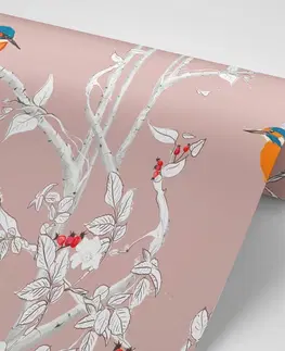 Samolepící tapety Samolepící tapeta ptáčci v hustém lese s růžovým pozadím