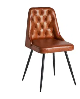 Luxusní jídelní židle Estila Vintage designová jídelní židle Kingsley s hnědým koženým čalouněním a černýma nohama z kovu 85cm