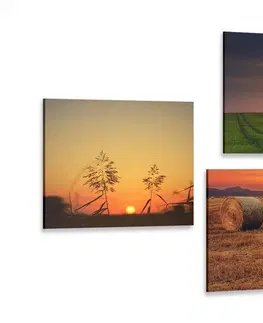 Sestavy obrazů Set obrazů romantický západ slunce na louce