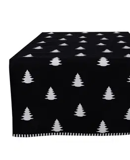 Ubrusy Černý bavlněný běhoun na stůl se stromky Black&White X-Mas - 50*140 cm Clayre & Eef BWX64