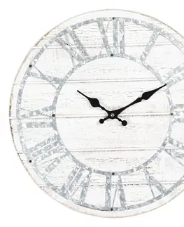 Hodiny Bílé dřevěné nástěnné hodiny s patinou - Ø 40*4 cm Clayre & Eef 6KL0541