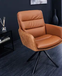Luxusní jídelní židle Estila Moderní industriální židle Coiro s koženým čalouněním a kovovými nožičkami koňaková hnědá 90 cm