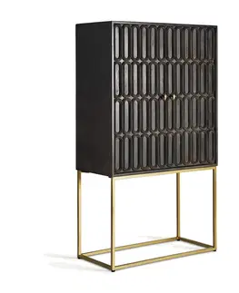 Luxusní barový nábytek Estila Luxusní art deco barová skříňka Eclair s ozdobným reliéfem v čokoládové hnědé barvě se zlatými úchyty a nožičkami 161 cm