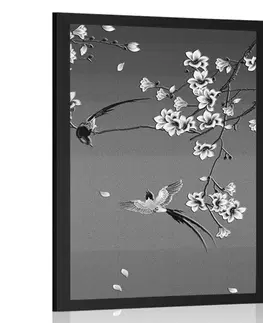 Černobílé Plakát černobílé ptáčci na větve stromu