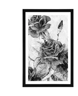 Černobílé Plakát s paspartou vintage kytice růží v černobílém provedení