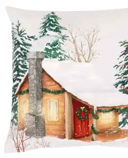 Polštáře Polštář s výplní, samet. Vánoční motiv, zasněžená chalupa. 45x45 cm.