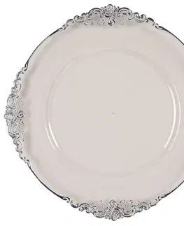 Talíře Transparentní servírovací talíř se stříbrným okrajem a zdobením - Ø 33*2 cm Clayre & Eef 65239ZI